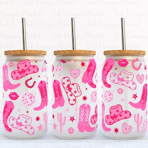 Western Cowgirl Boot 16oz Glass Can PNG Wrap, Vintage Cowgirl, Cute Cowgirl Clipart, Western Cowgirl Boot, Pink Coquette Bows PNG Glass can