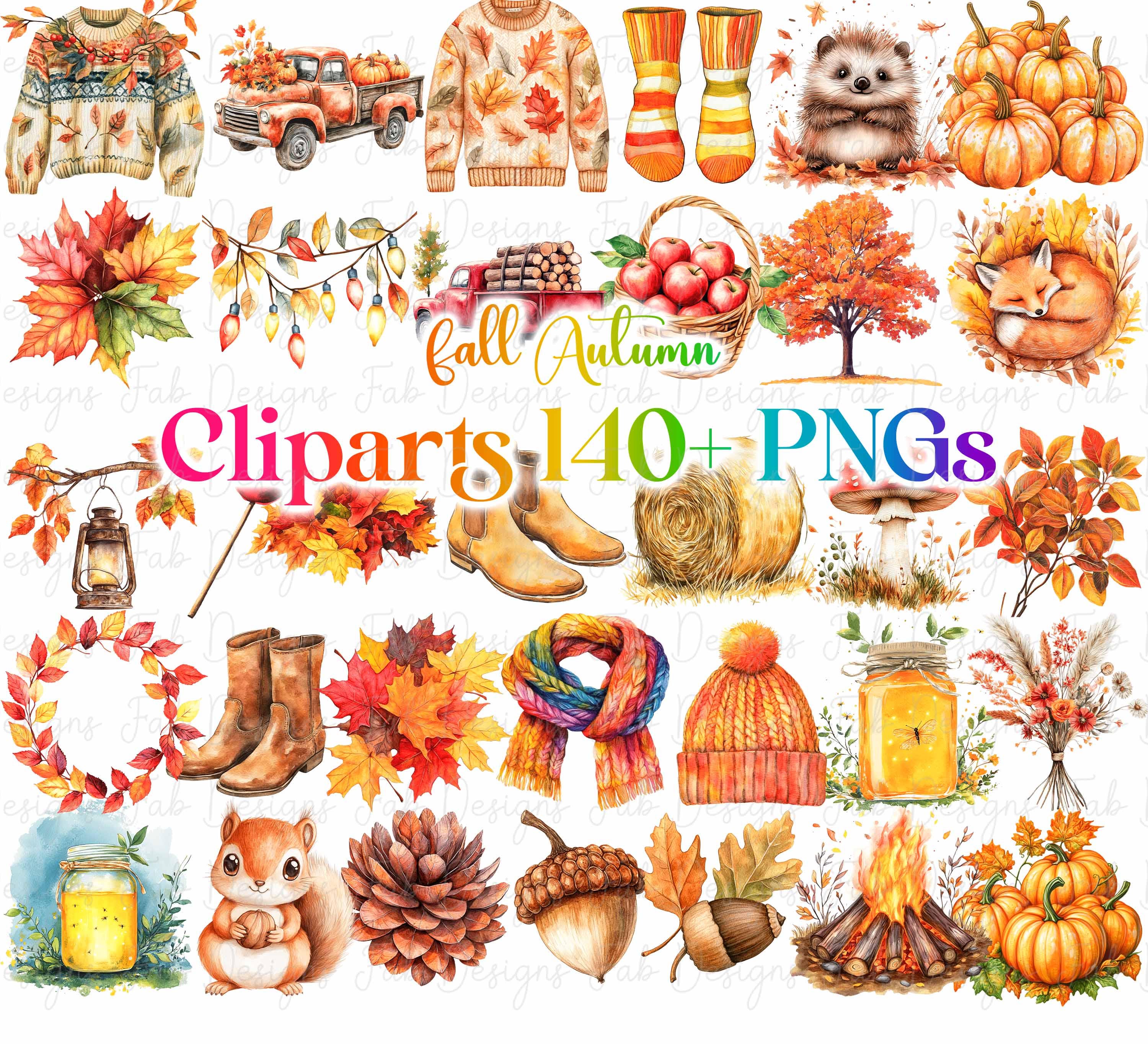 140+ Watercolor Fall Clipart Autumn Harvest Leaves Pumpkin Foliage Vegetables Sublimation Digital Download Thanksgiving Day Cozy clip art