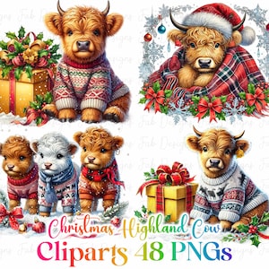 48 Watercolor Christmas Highland Cows Clipart, Christmas Clipart, Christmas Highland Cows In Bucket, Cute Christmas Cows, Commercial Use