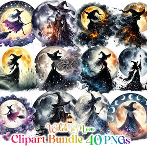 40 Watercolor Gothic Witch Collection Clipart, 12 PNG Halloween Clipart, Gothic Witch Clipart, Halloween Witch Clipart PNG, Commercial Use