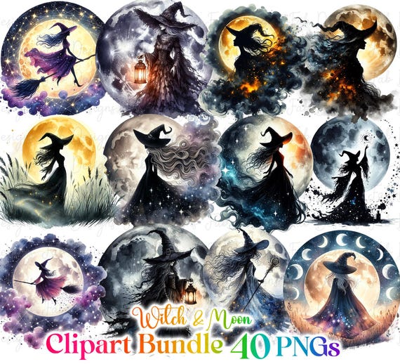 Watercolor Gothic Witch Clipart Collection: 40 Halloween PNGs (Commercial Use)