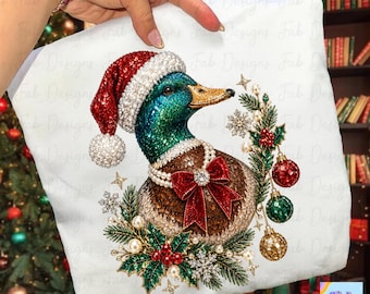 Christmas Mallard PNG, Flying Santa Hat Duck with Christmas Lights and Pine Wreath, Duck Hunting Christmas Shirt, Holiday Mallard Sweatshirt