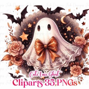May include: A watercolor illustration of a cute ghost with a large orange bow, surrounded by bats, stars, and roses. The ghost is wearing a white lace outfit. The text "Cute lace Ghost Cliparts 35 PNGs" is at the bottom.