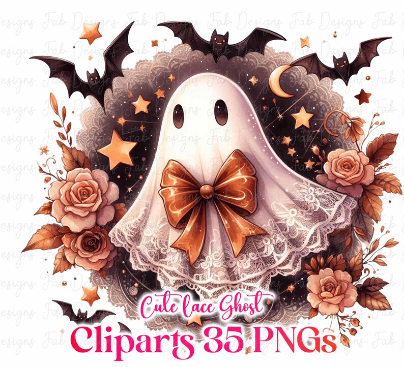 May include: A watercolor illustration of a cute ghost with a large orange bow, surrounded by bats, stars, and roses. The ghost is wearing a white lace outfit. The text "Cute lace Ghost Cliparts 35 PNGs" is at the bottom.