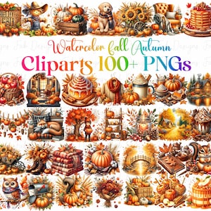 May include: A collection of watercolor fall-themed clip art images. The images feature pumpkins, autumn leaves, a scarecrow, a dog, and other seasonal elements. Text in the image reads "Watercolor Fall Autumn Cliparts 100+ PNGs."