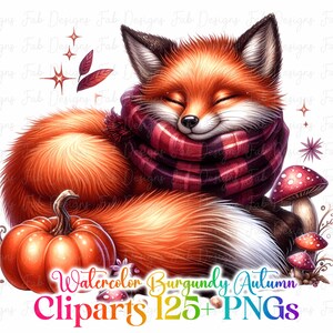 May include: A watercolor illustration of a sleeping fox wearing a burgundy plaid scarf, with a pumpkin and mushrooms. The image has the text "Watercolor Burgundy Autumn Cliparts 125+ PNGs".