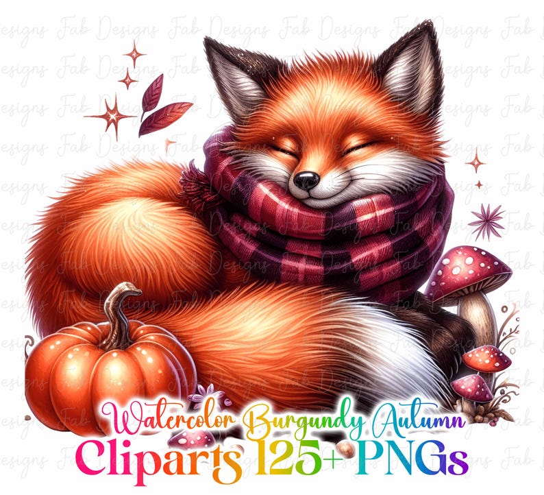 May include: A watercolor illustration of a sleeping fox wearing a burgundy plaid scarf, with a pumpkin and mushrooms. The image has the text "Watercolor Burgundy Autumn Cliparts 125+ PNGs".
