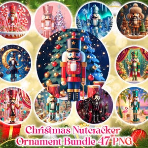 May include: A collection of Christmas nutcracker ornaments in various designs. The ornaments feature a variety of colors, including red, blue, green, and gold. The text "Christmas Nutcracker Ornament Bundle 47 PNG" is visible.