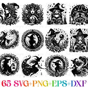 May include: A set of 10 black and white SVG cut files featuring witches, potions, and other Halloween-themed imagery. The files are perfect for creating crafts, decorations, and more.