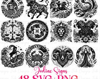 48 dierenriem Svg bundel, horoscoop Svg, astrologie tekens svg, dierenriem symbolen Svg, Gemini Svg, Ram Svg Maagd Svg Weegschaal Svg Svg-bestanden voor Cricut