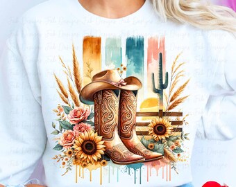 Botas y sombrero de vaquera occidental PNG: Diseño de sublimación campestre (descarga digital)