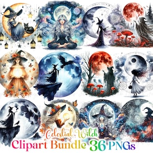 36 Watercolor Gothic Witch Collection Clipart, 12 PNG Halloween Clipart, Gothic Witch Clipart, Halloween Witch Clipart PNG, Commercial Use