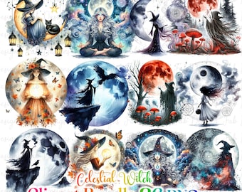 Watercolor Gothic Witch Clipart: Halloween PNG Collection (36 Files) (Commercial Use) (Digital Download)