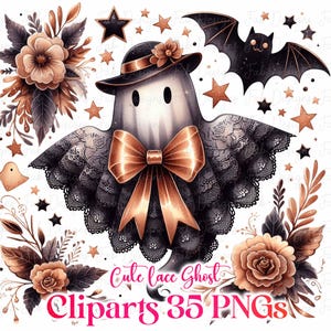 May include: A digital illustration featuring a ghost wearing a hat and a large bow. The ghost is surrounded by stars, flowers, and a bat. The text "Cute lace Ghost Cliparts 35 PNGs" is at the bottom.