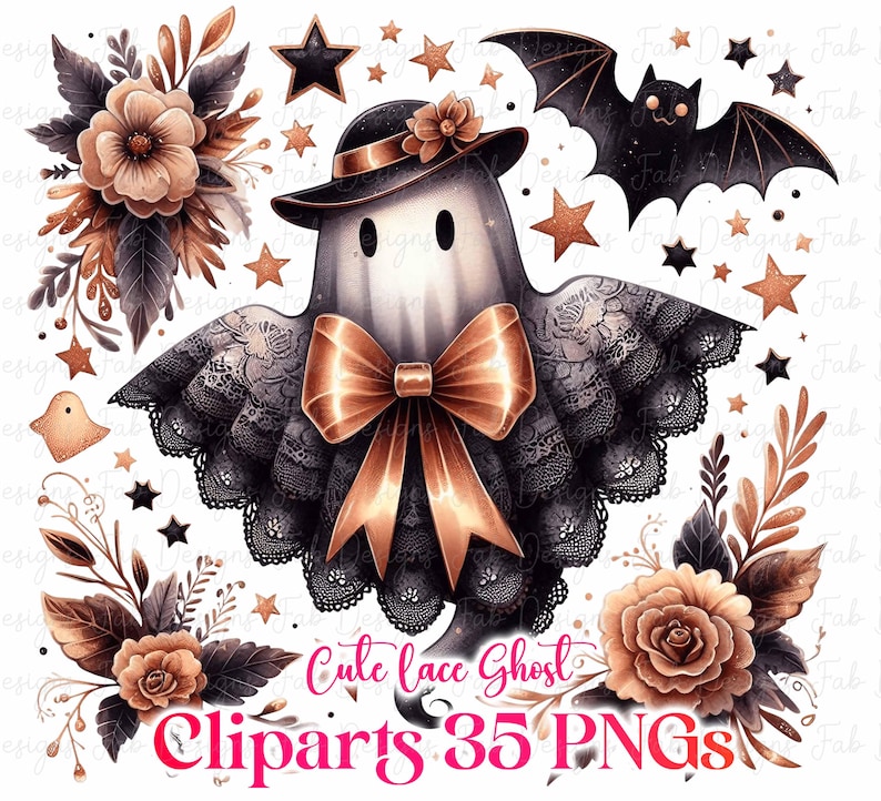 May include: A digital illustration featuring a ghost wearing a hat and a large bow. The ghost is surrounded by stars, flowers, and a bat. The text "Cute lace Ghost Cliparts 35 PNGs" is at the bottom.
