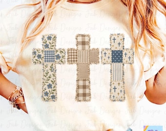 Patchwork Cross PNG, 3 Crosses Christian Design, Blue Floral Faux Patchwork Faith Shirt, Neutral Religious Sublimation DTF PNG