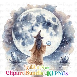 May include: A watercolor illustration of a witch standing in front of a large, full moon. The witch is wearing a brown robe and a pointed hat. She is holding a blue crystal in her hand. The moon is surrounded by stars and constellations. The background is a watercolor wash of blue and purple.