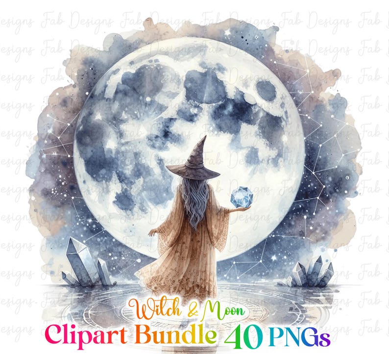 May include: A watercolor illustration of a witch standing in front of a large, full moon. The witch is wearing a brown robe and a pointed hat. She is holding a blue crystal in her hand. The moon is surrounded by stars and constellations. The background is a watercolor wash of blue and purple.