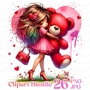 26 Love Quirky Girl watercolor clipart bundle, Quirky Girl, Printable Watercolor Clipart, Valentine Clipart, junk journal, Girl Clipart