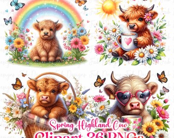 May include: A digital clipart set featuring four adorable Highland cow illustrations. Each cow is depicted in a different pose, surrounded by colorful flowers and a rainbow. The set includes a cow with a cup of coffee, a cow in a basket, a cow with sunglasses, and a cow standing in a field of flowers.