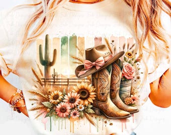 Diseño PNG de vaquera occidental, archivos PNG de campo de vaqueros, botas de vaquera coqueta, sombrero, sublimación PNG, camiseta PNG, descarga digital de camiseta PNG