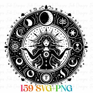 May include: Black and white illustration of a woman with outstretched arms, surrounded by celestial symbols and a circular border. The design includes moons, stars, and zodiac signs. The text "159 SVG+PNG" is at the bottom.