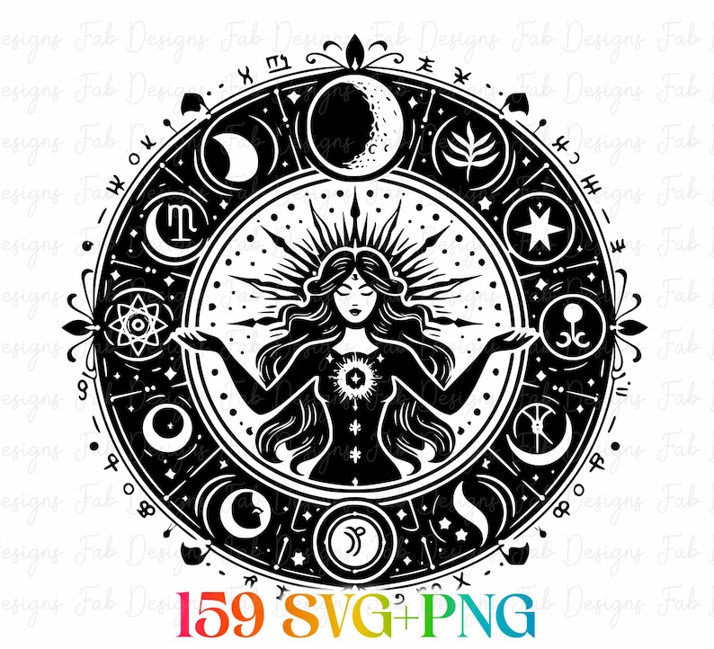 May include: Black and white illustration of a woman with outstretched arms, surrounded by celestial symbols and a circular border. The design includes moons, stars, and zodiac signs. The text "159 SVG+PNG" is at the bottom.