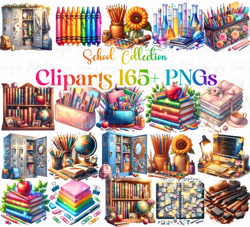 May include: A selection of school-themed clip art images, featuring pencils, books, lockers, and a sunflower. The text "School Collection" and "Cliparts 165+ PNGs" are displayed in colourful fonts.