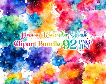 Puede incluir: Un paquete digital de clipart de 92 diseños de salpicaduras de acuarela en varios colores, incluidos rojo, naranja, amarillo, verde, azul, morado y rosa. Los diseños de salpicaduras tienen un aspecto de ensueño, similar a una galaxia, con acentos de purpurina dorada.