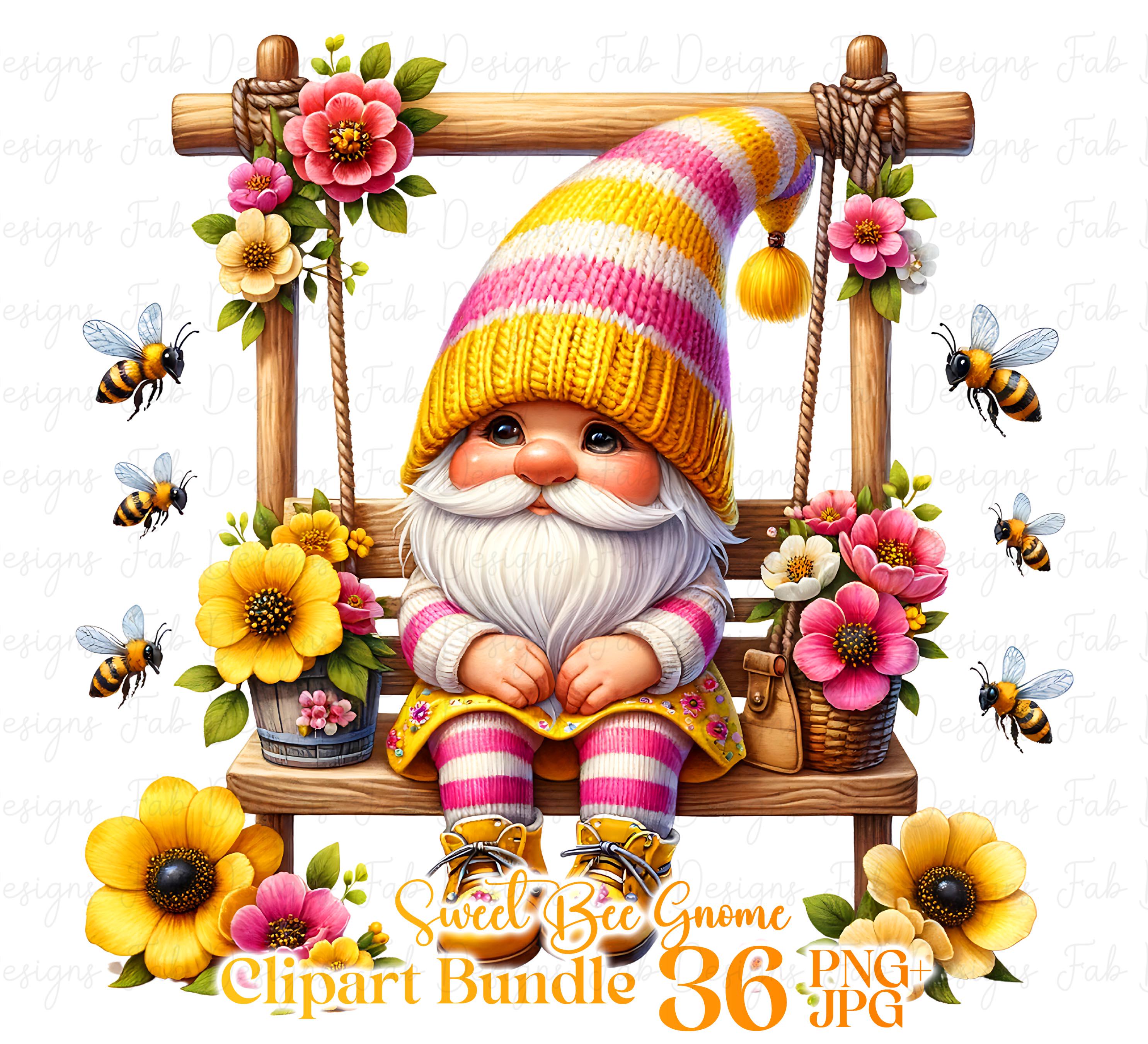 Watercolor Bee Gnome Clipart Bundle: Flower Garden PNG Graphics ...