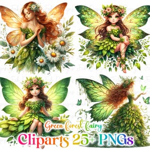 25+ Forest Fairy Clipart, Green Fairies Clipart, Magical Fantasy, Printable Watercolor, High-Quality PNGs, PaperCraft, Junk Journal