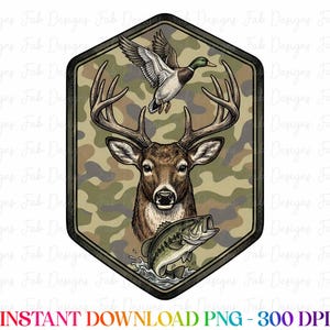 Puede incluir: Gráfico digital con un ciervo, un pato y un pez sobre un fondo de camuflaje. El ciervo tiene grandes astas, el pato está en vuelo y el pez salta fuera del agua. El texto "INSTANT DOWNLOAD PNG - 300 DPI" está en la parte inferior.