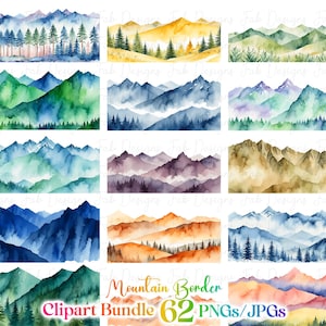 May include: A set of 62 watercolor mountain border clip art images. The images feature various mountain ranges in different colors, including blue, green, purple, and brown. The images are perfect for adding a touch of nature to your designs.