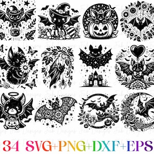 May include: A selection of black and white bat designs for Halloween. The images feature bats with witch hats, holding pumpkins, and surrounded by floral and star motifs. The text "34 SVG+PNG+DXF+EPS" is at the bottom.
