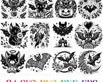 May include: A collection of black and white Halloween-themed bat designs. The images include bats with witch hats, holding pumpkins, and surrounded by flowers and stars. The text "34 SVG+PNG+DXF+EPS" is at the bottom.
