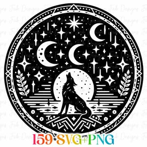 May include: Black and white circular design featuring a howling wolf silhouette against a night sky with crescent moons and stars. The design includes decorative borders and the text "159 SVG+PNG".