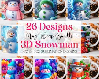 3D Snowman Mug Wrap: Christmas Sublimation Designs (PNG Digital Download)