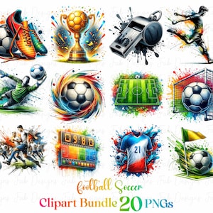 May include: A digital clipart bundle of 20 soccer images. The images include a soccer ball, a soccer player, a soccer field, a soccer jersey, a soccer goal, a soccer whistle, a soccer trophy, a soccer scoreboard, and a soccer flag. The images are all in a colorful, abstract style with paint splatters.