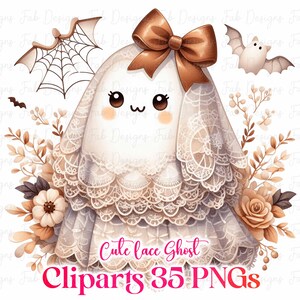 May include: A digital illustration of a cute ghost wearing a lace dress and a brown bow. The ghost has a smiling face and is surrounded by floral elements, bats, and a spider web. Text reads "Cute lace Ghost Cliparts 35 PNGs."