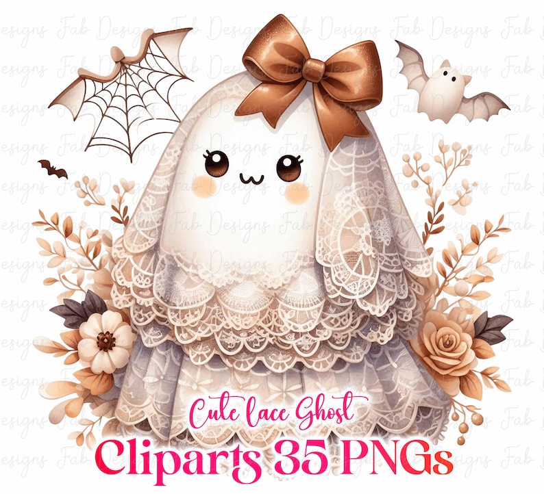 May include: A digital illustration of a cute ghost wearing a lace dress and a brown bow. The ghost has a smiling face and is surrounded by floral elements, bats, and a spider web. Text reads "Cute lace Ghost Cliparts 35 PNGs."