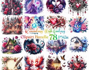 78 Romantasy High Fantasy Clipart, Dragon Rider Clipart, Rose Dragon Clipart Girl Book Design, Magic Books Fairytale Bookish Sublimation Set