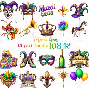 May include: A collection of Mardi Gras-themed clip art. The image includes masks, crowns, a fleur-de-lis, a champagne bottle, a carousel horse, and balloons. The text "Mardi Gras Clipart Bundle 108 PNG+ JPG" is also present.