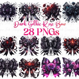 Dark Gothic Rose Bow Clipart: 28 PNG Floral Designs (Digital Download)