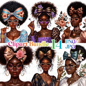 16 Beautiful Black Girl clipart bundle, Fashionable Girl Graphics, afro girl clipart, Big Hair Afro Melanin Queen Black girl Magic graphics