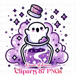 May include: A digital illustration of a kawaii Halloween potion bottle with a cute ghost inside. The bottle is filled with purple liquid and surrounded by purple sparkles and stars. The text "Kawaii Halloween Cliparts 87 PNGs" is at the bottom.