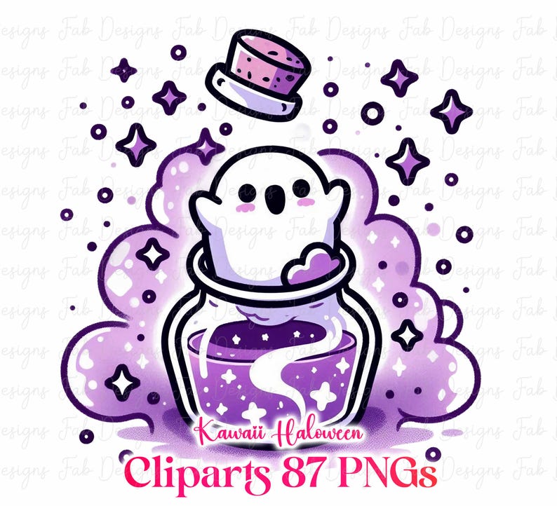May include: A digital illustration of a kawaii Halloween potion bottle with a cute ghost inside. The bottle is filled with purple liquid and surrounded by purple sparkles and stars. The text "Kawaii Halloween Cliparts 87 PNGs" is at the bottom.