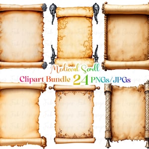 Clipart middeleeuwse rol: vintage aquarel png&#39;s (digitale download)