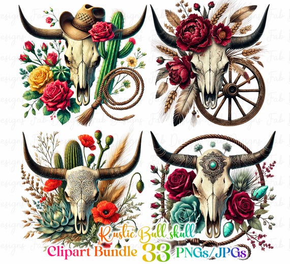 Rustic Bull skull PNG clipart Set, western PNG, Western Sublimation PNG, floral cow skull with sunflower crafts,  Bull skull Floral Clipart