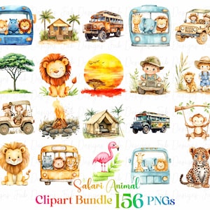 May include: A set of 156 watercolour safari animal clipart images. The images include animals such as lions, monkeys, elephants, giraffes, and zebras. There are also images of safari vehicles, tents, and other safari-themed elements. The images are ideal for creating invitations, cards, scrapbook pages, and other crafts.