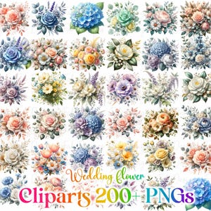 May include: A collection of watercolor floral cliparts, featuring roses, hydrangeas, and other flowers in various colors. The image includes the text "Wedding flower cliparts 200+ PNGs" in a rainbow gradient.